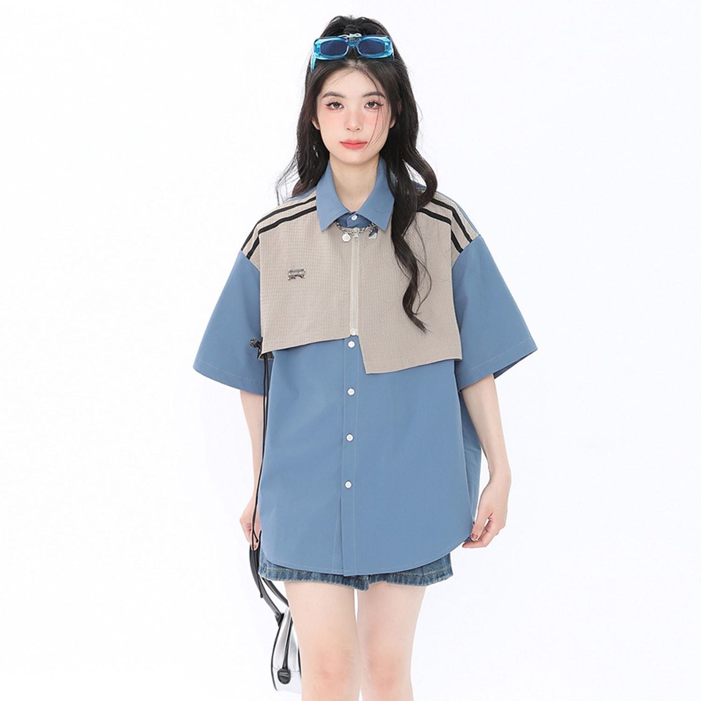 期間限定 ファッション 個性派 レイヤード風 切り替え プリント全3色 男女兼用 半袖Tシャツ<U-9044>