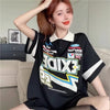 韓国系 オーバーサイズ POLOネック グラフィック ロング Tシャツ 三色 ゆったりワンピース＜U-4025＞