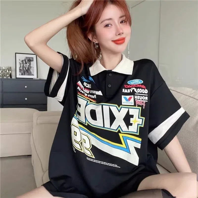 韓国系 オーバーサイズ POLOネック グラフィック ロング Tシャツ 三色 ゆったりワンピース＜U-4025＞