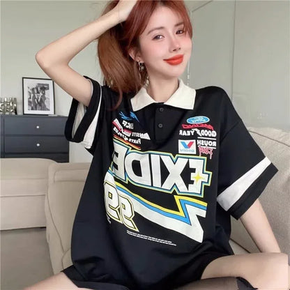 韓国系 オーバーサイズ POLOネック グラフィック ロング Tシャツ 三色 ゆったりワンピース＜U-4025＞