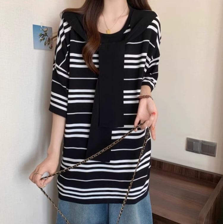 超人気 レイヤード風 カジュアル ストライプ柄 ゆったり 半袖 Tシャツ＜U-8797＞