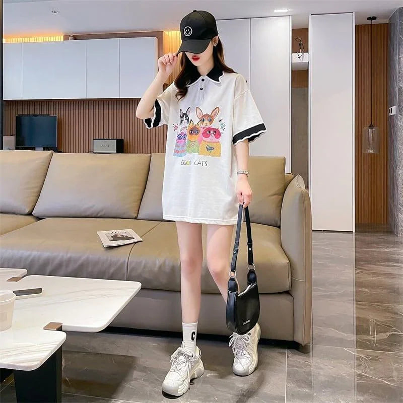 デザインセンスゆったりプリントトップラペルTシャツポロシャツ<U-2898>