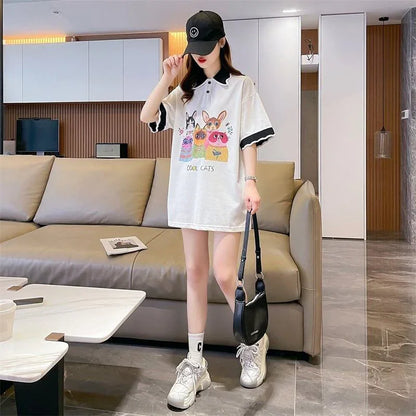 デザインセンスゆったりプリントトップラペルTシャツポロシャツ<U-2898>