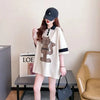 韓国系 猫柄 POLOネック ロング プリントTシャツ ゆったり半袖 ＜U-2894＞