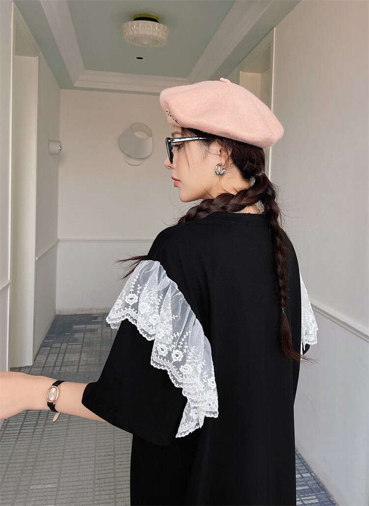 おすすめ レース ファッション 切り替え プリント Tシャツ カットソー ワンピース＜U-8535＞