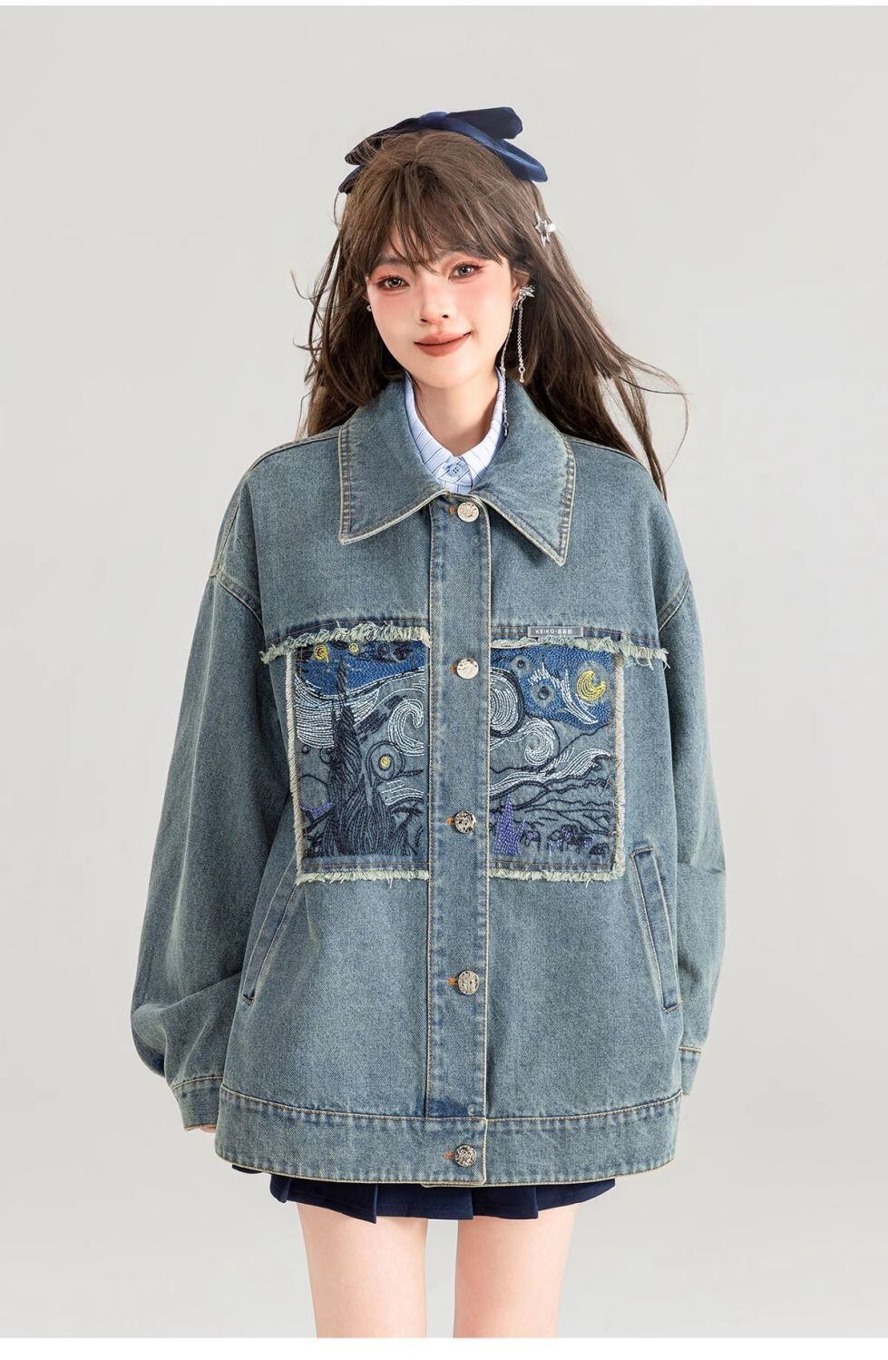 流行新作 おしゃれ度高め 高見えデザイン 刺繍 デニム ジャケット<U-10521>