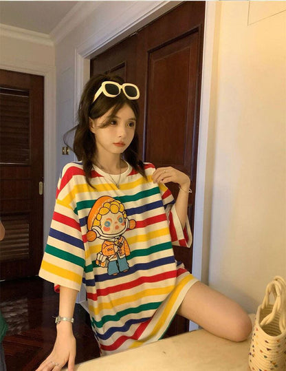 売り切れ必至 トレンドアイテム 存在感抜群 ストライプ柄 半袖Tシャツ<U-9270>