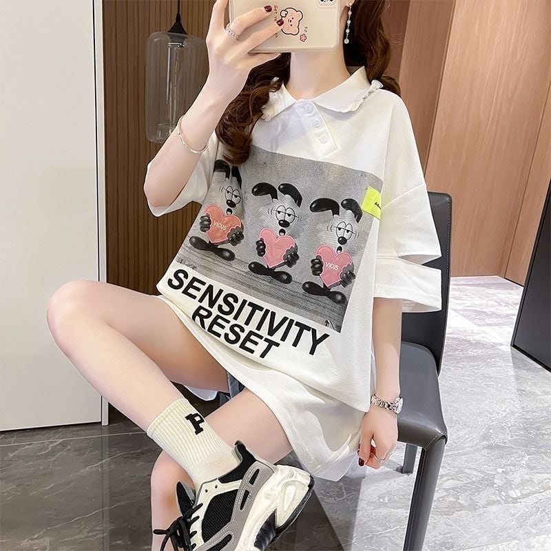 夏新作 アルファベットプリント POLOネック ロング Tシャツ ゆったりワンピース ＜U-3038＞