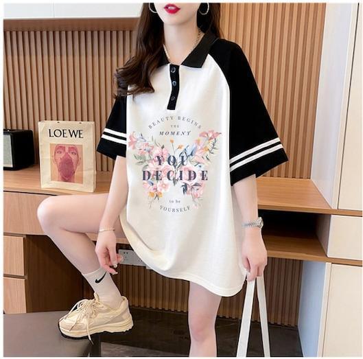 POLOネック プリント バタフライ ロング ラグランTシャツ ゆったりワンピース ＜U-3023＞