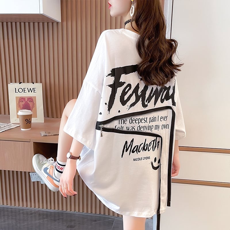デザイン個性ゆったりミドル丈半袖Tシャツ<U-3036>