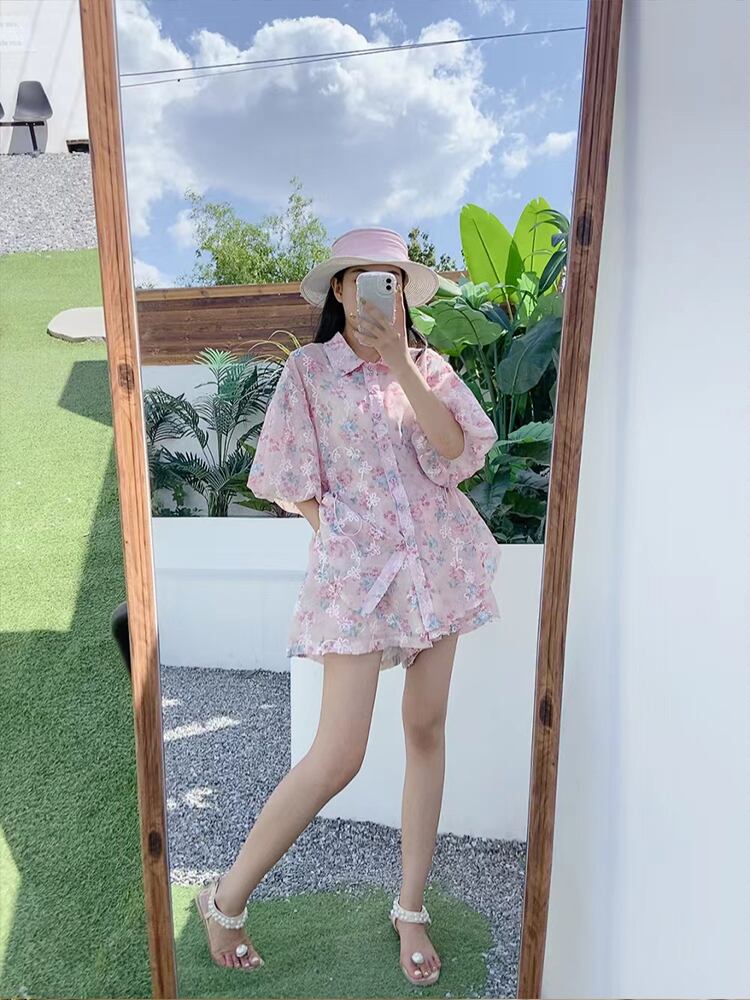 新商品 花柄 大人可愛い シャツ＋ショートパンツ セットアップ＜U-9001＞