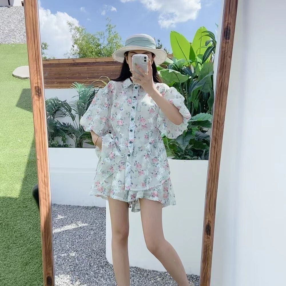 新商品 花柄 大人可愛い シャツ＋ショートパンツ セットアップ＜U-9001＞