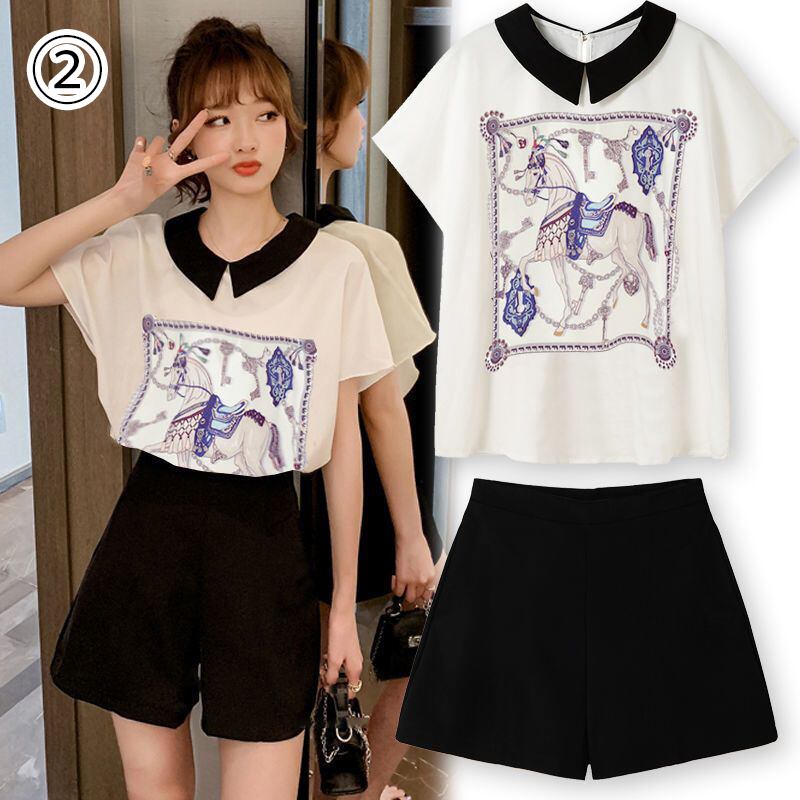 美人度アップ シフォン スウィート 半袖 Tシャツ ショートパンツ セットアップ ＜U-9234＞