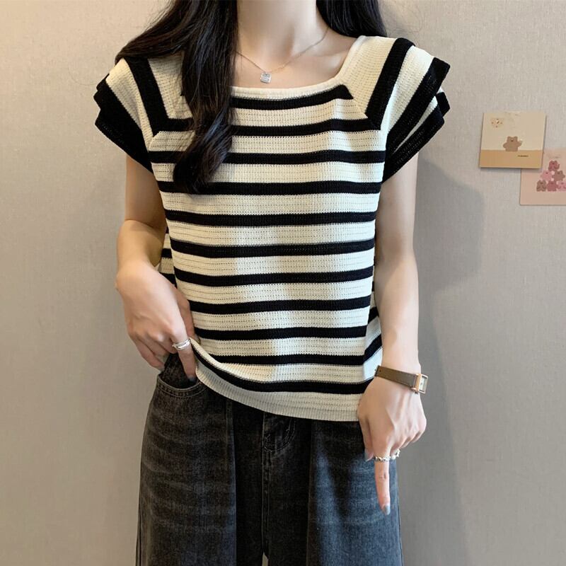 今季マストバイ ファッション カジュアル エレガント ストライプ柄 Tシャツ<U-8339>