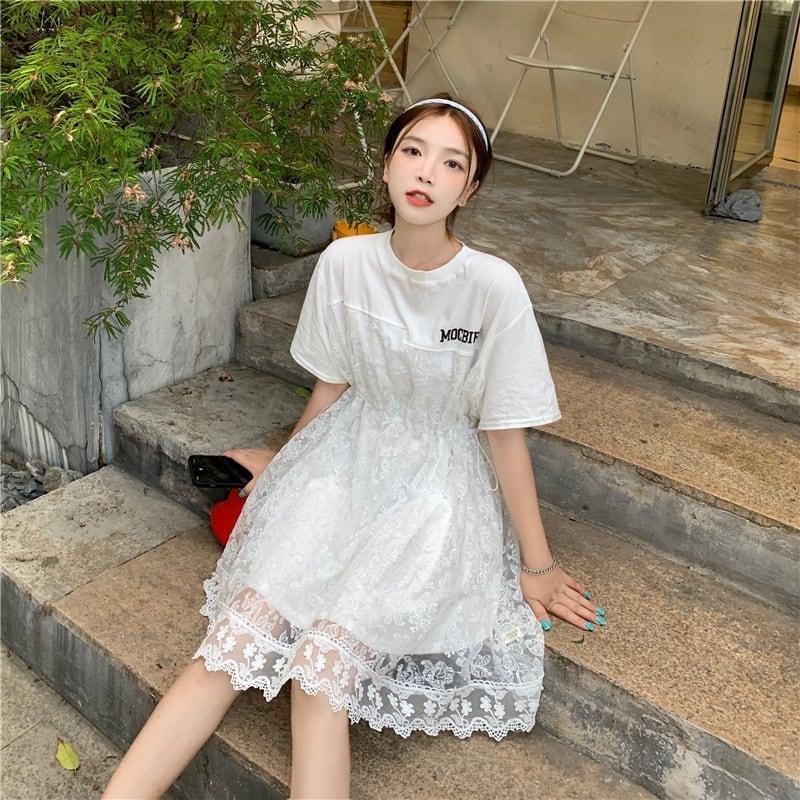 売れ筋 切り替え レース フェイクレイヤード 膝丈 半袖 Tシャツワンピース ＜U-1953＞