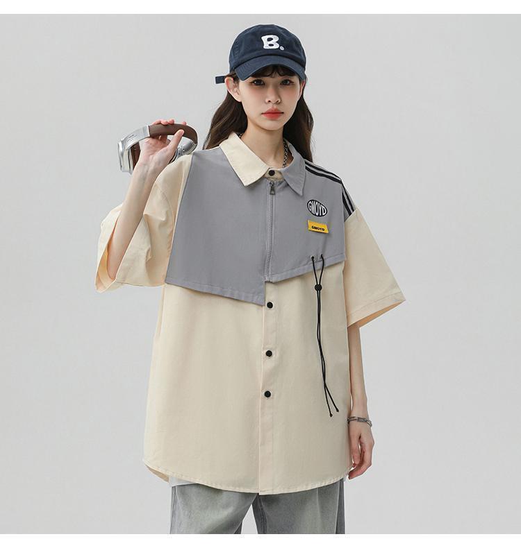 シンプルだけど一癖あるコーデ 切り替え レイヤード風 全2色 半袖Tシャツ<U-9046>
