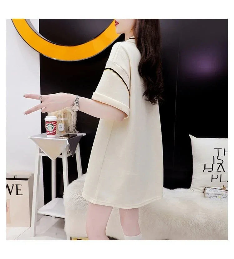 韓国系 ロング POLOネック Tシャツ 四色 ゆったり半袖 ＜U-2869＞