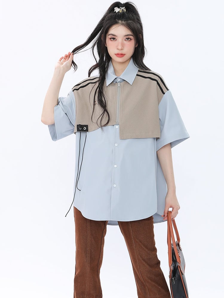 期間限定 ファッション 個性派 レイヤード風 切り替え プリント全3色 男女兼用 半袖Tシャツ<U-9044>