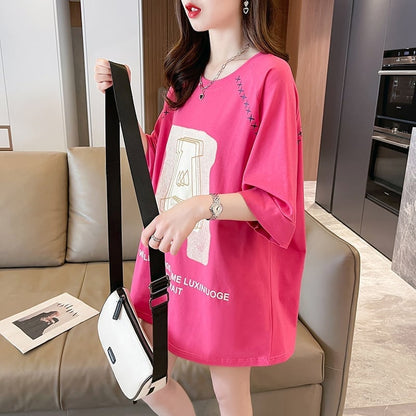 超人気商品 ロング アルファベット プリントTシャツ 三色 ゆったり半袖 ＜U-4019＞