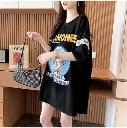 着心地良い レース切り替え リボン プリントTシャツ ゆったり半袖＜U-2889＞
