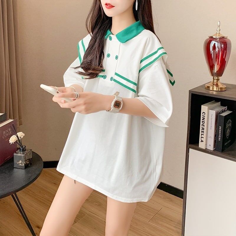 絶対欲しい ロング セーラーカラー Tシャツ 三色 ゆったりワンピース＜U-4028＞