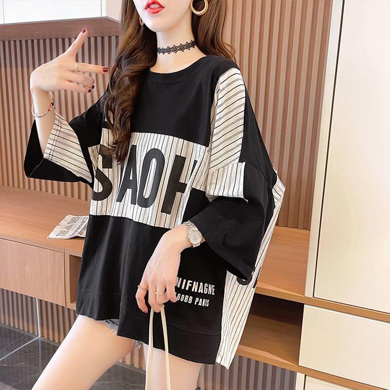 大好評 切り替え ストライプ柄 プリント ロング Tシャツ 三色 ゆったりワンピース ＜U-4012＞