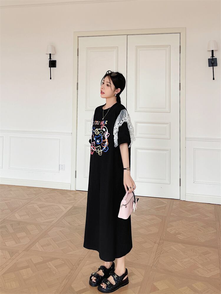 おすすめ レース ファッション 切り替え プリント Tシャツ カットソー ワンピース＜U-8535＞