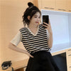 上質 レイヤード風 好感度UP ストライプ柄 リボン ニット 全2色 半袖Tシャツ＜ U-9211＞