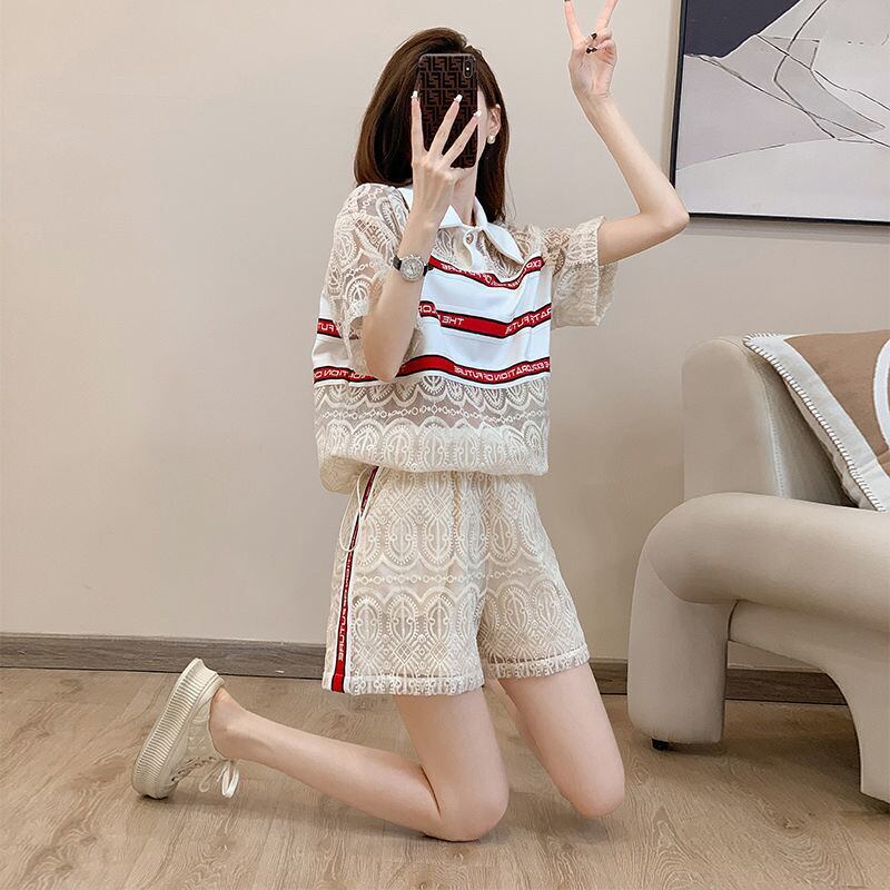 新商品 上品 着心地良い カジュアル 透かし彫り 半袖 Tシャツ ショートパンツ セットアップ ＜U-8785＞