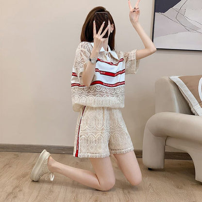 新商品 上品 着心地良い カジュアル 透かし彫り 半袖 Tシャツ ショートパンツ セットアップ ＜U-8785＞