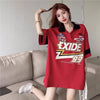 韓国系 オーバーサイズ POLOネック グラフィック ロング Tシャツ 三色 ゆったりワンピース＜U-4025＞