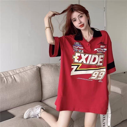 韓国系 オーバーサイズ POLOネック グラフィック ロング Tシャツ 三色 ゆったりワンピース＜U-4025＞