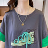 韓国系 プリント ラウンドネック ロング Tシャツ ゆったり半袖 ＜U-2988＞