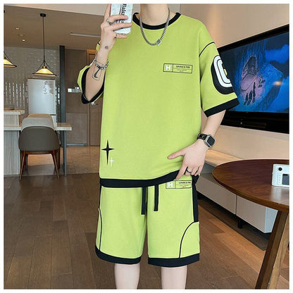 早い者勝ち カジュアル ファッション 切り替え 全3色 半袖Ｔシャツⅹパンツセット<U-8950>