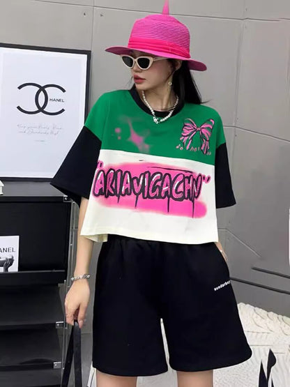着回し力抜群 切り替え三色 韓国系 ゆったり半袖Tシャツ ＜U-8455＞