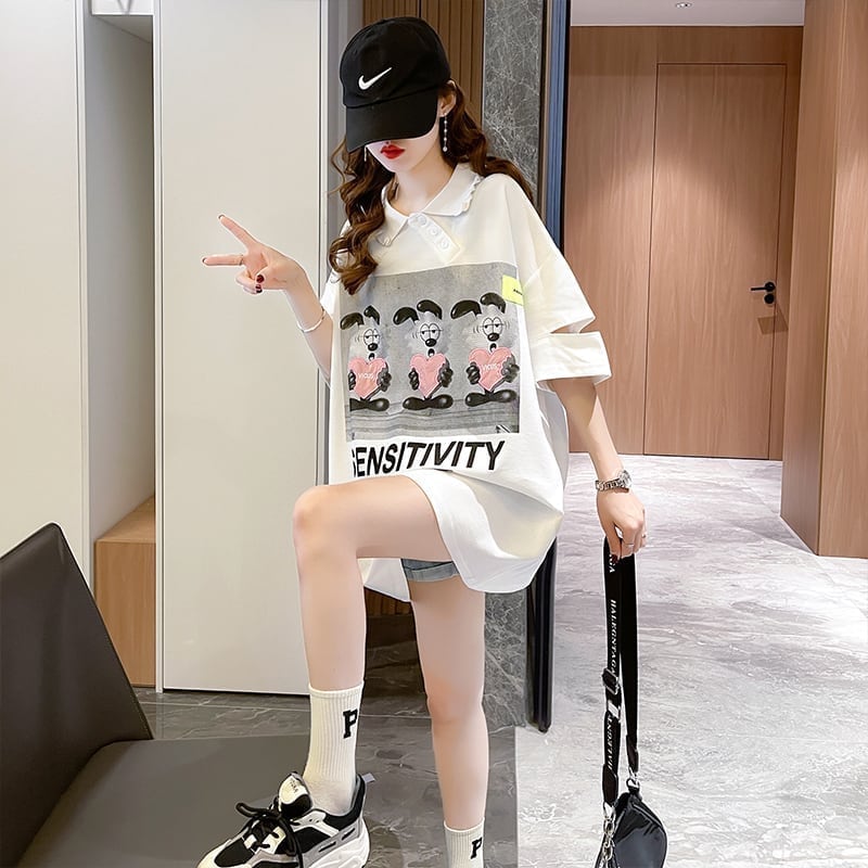 夏新作 アルファベットプリント POLOネック ロング Tシャツ ゆったりワンピース ＜U-3038＞