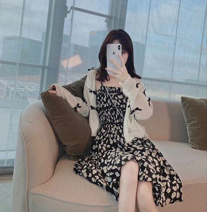 話題沸騰中 柔らかくて優しい印象 おしゃれ度高め リボン 花柄 トップス+ワンピースセット<U-9113>