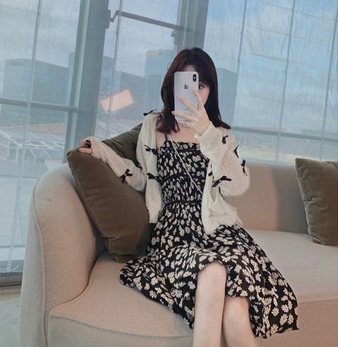 話題沸騰中 柔らかくて優しい印象 おしゃれ度高め リボン 花柄 トップス+ワンピースセット<U-9113>