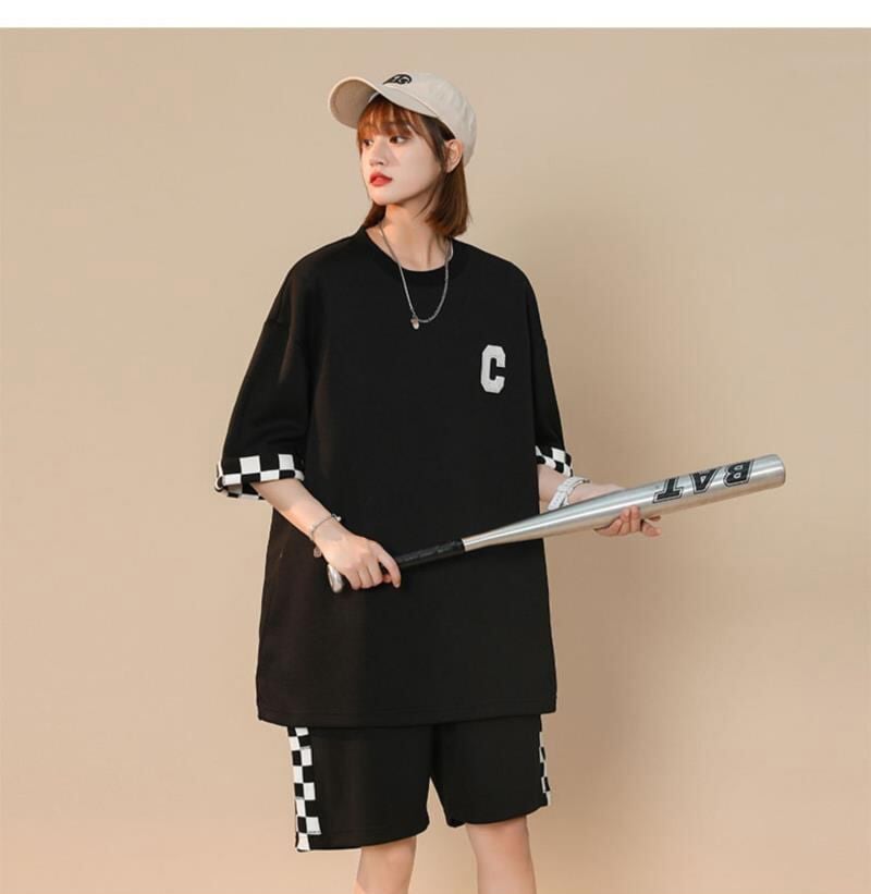 超人気  ルーズ アメリカンスタイルのカジュアルなクロップドジャケット<U-5164> 半袖Ｔシャツⅹパンツセット全2色 <U-8209>