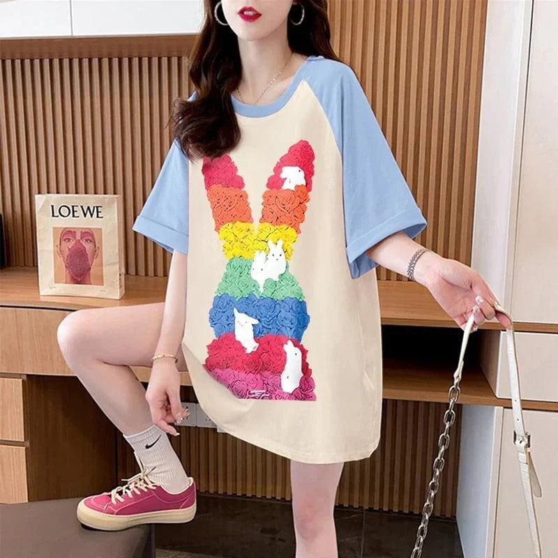 美人度アップ Tシャツ 可愛いウサギ 丸襟 半袖＜U-2824＞