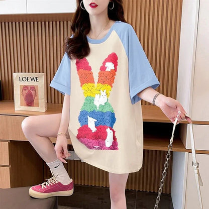 美人度アップ Tシャツ 可愛いウサギ 丸襟 半袖＜U-2824＞