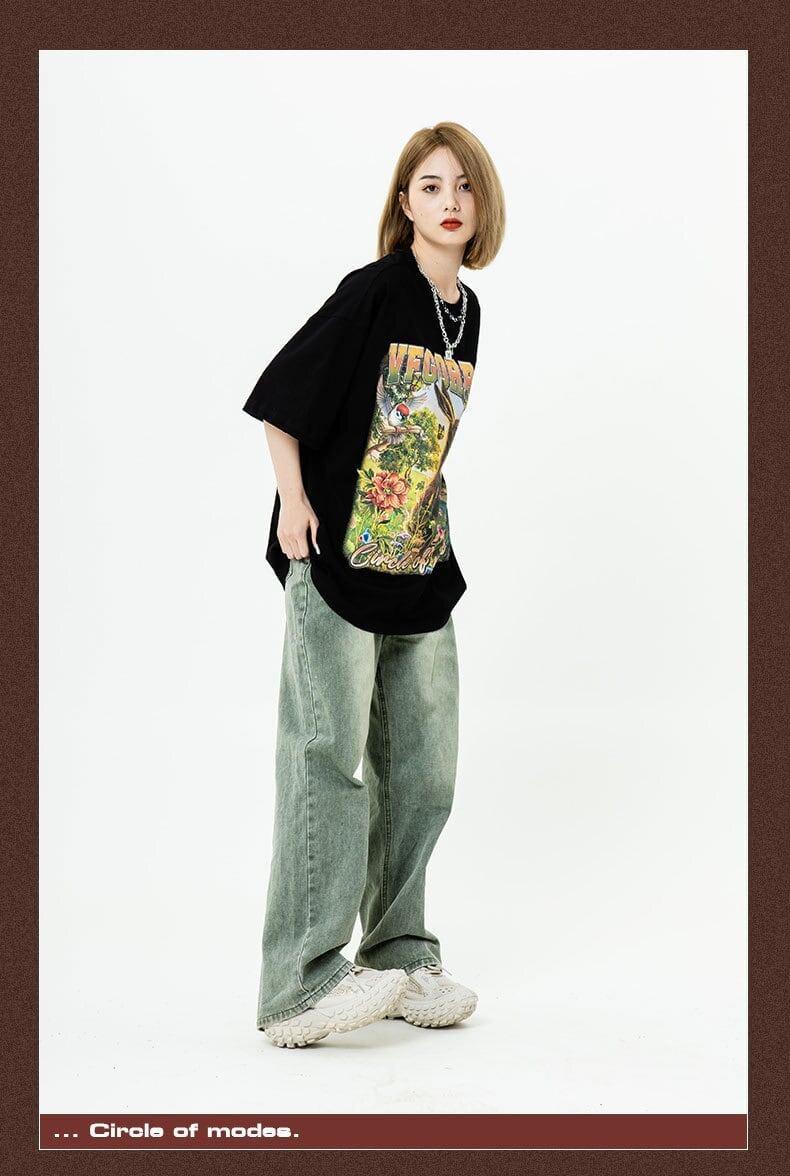 アメリカンレトロ絵画ウサギ半袖Tシャツカップル男女同スタイル<U-2910>