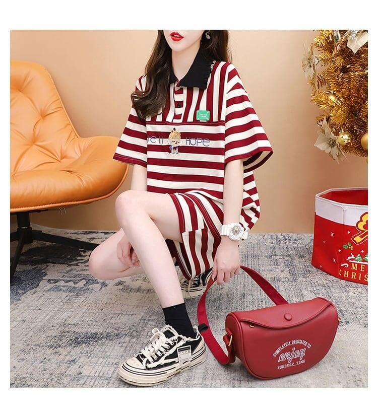 韓国系 POLOネック ストライプ柄 半袖Tシャツⅹショートパンツセットアップ ＜U-2926＞