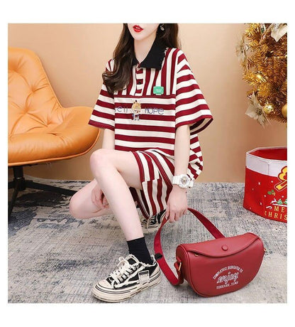 韓国系 POLOネック ストライプ柄 半袖Tシャツⅹショートパンツセットアップ ＜U-2926＞