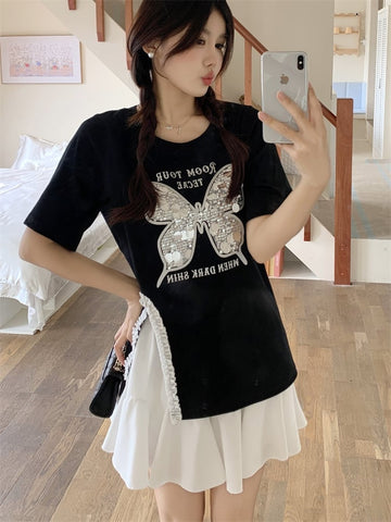 絶対欲しい キュート 超人気 ピンク プリント スパンコール 3色選択 半袖Tシャツ＜U-8570＞