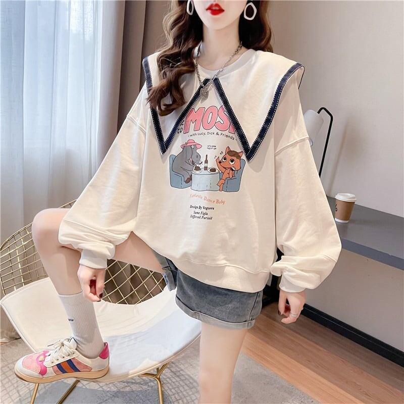 絶対欲しい グラフィックプリント セーラ服の襟 三色 長袖Tシャツトップス<U-4036>