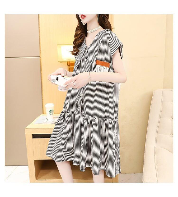 洋風VネックワンピースTシャツゆったりスリム半袖スカート<2857>
