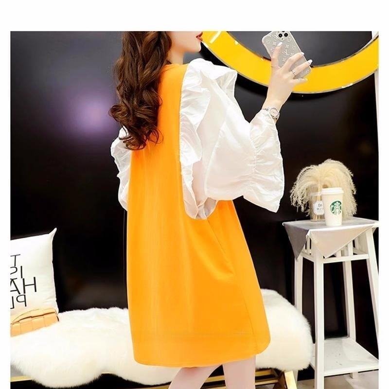 女子力アップ アルファベット パフスリーブ プリント ロングTシャツ ゆったりワンピース ＜U-3054＞