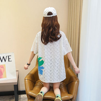 美人度アップ 透かし彫り レース ルーズ 半袖 Tシャツ ＜U-8671＞