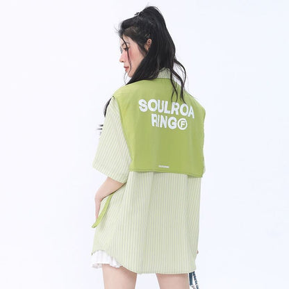 期間限定 ファッション 個性派 レイヤード風 切り替え プリント全3色 男女兼用 半袖Tシャツ<U-9044>